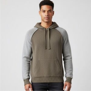 Goodfellow Men's Olive + Gray Hooded Pullover Sweater w/ Kangaroo Pocket | Sz L